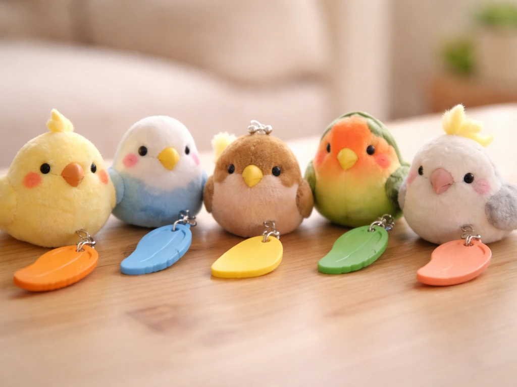 Small bird-safe toy birds with playful beak and feather name tags on a simple tabletop.