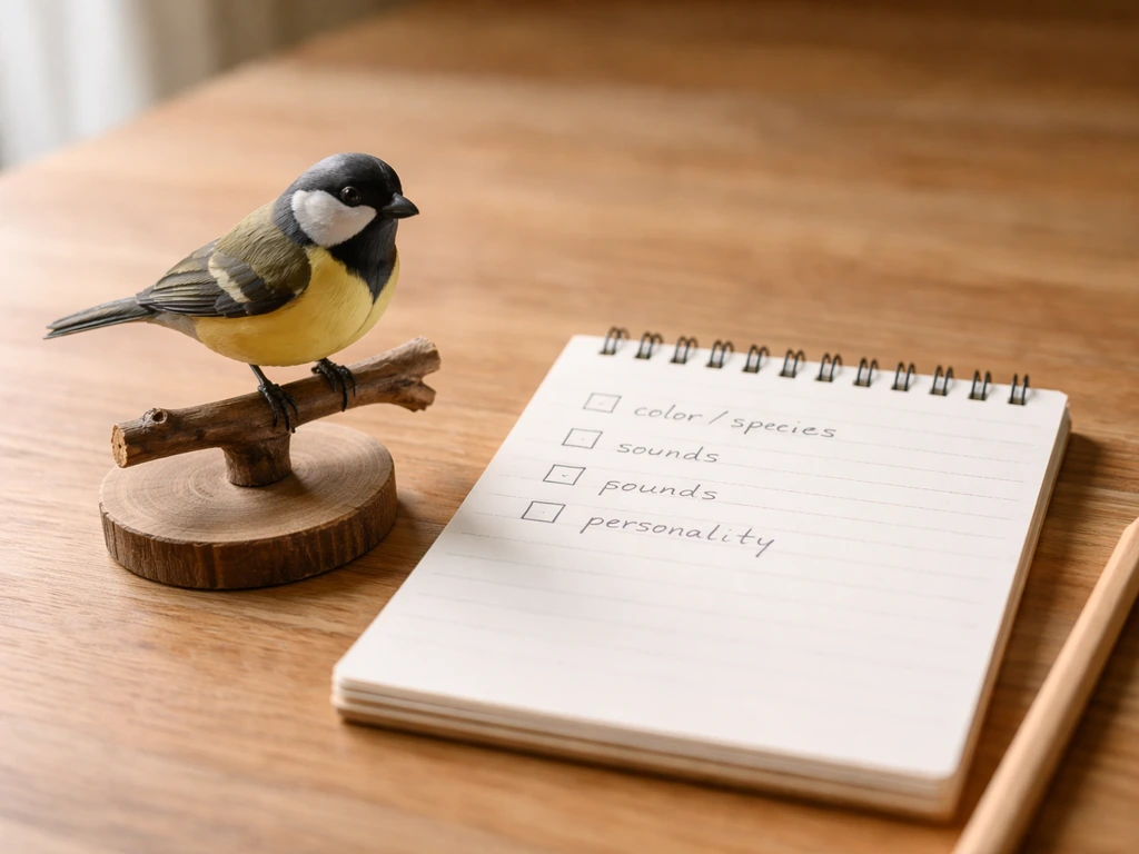 Close-up of a toy bird on a simple perch with a notepad titled color, species, sounds, personality.