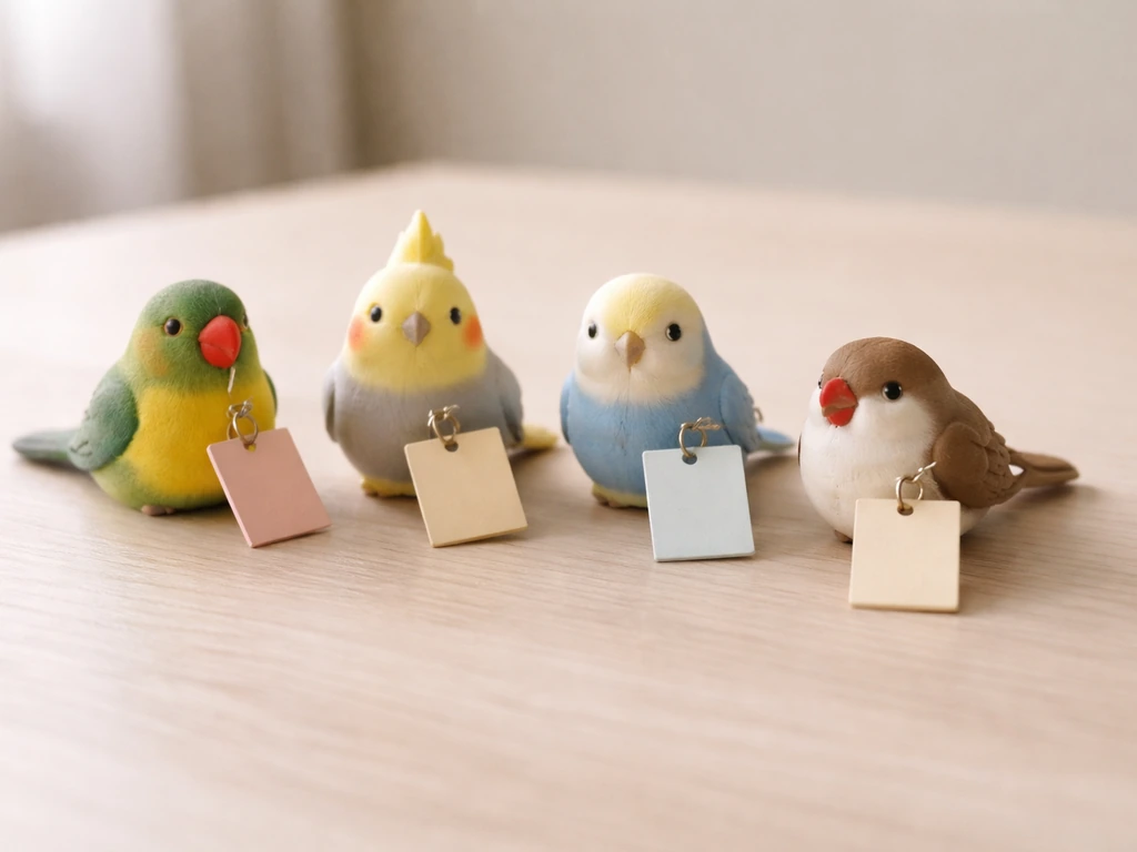 Toy parrot, cockatiel, budgie, and finch on a tabletop with blank color tags, whimsical and minimal.