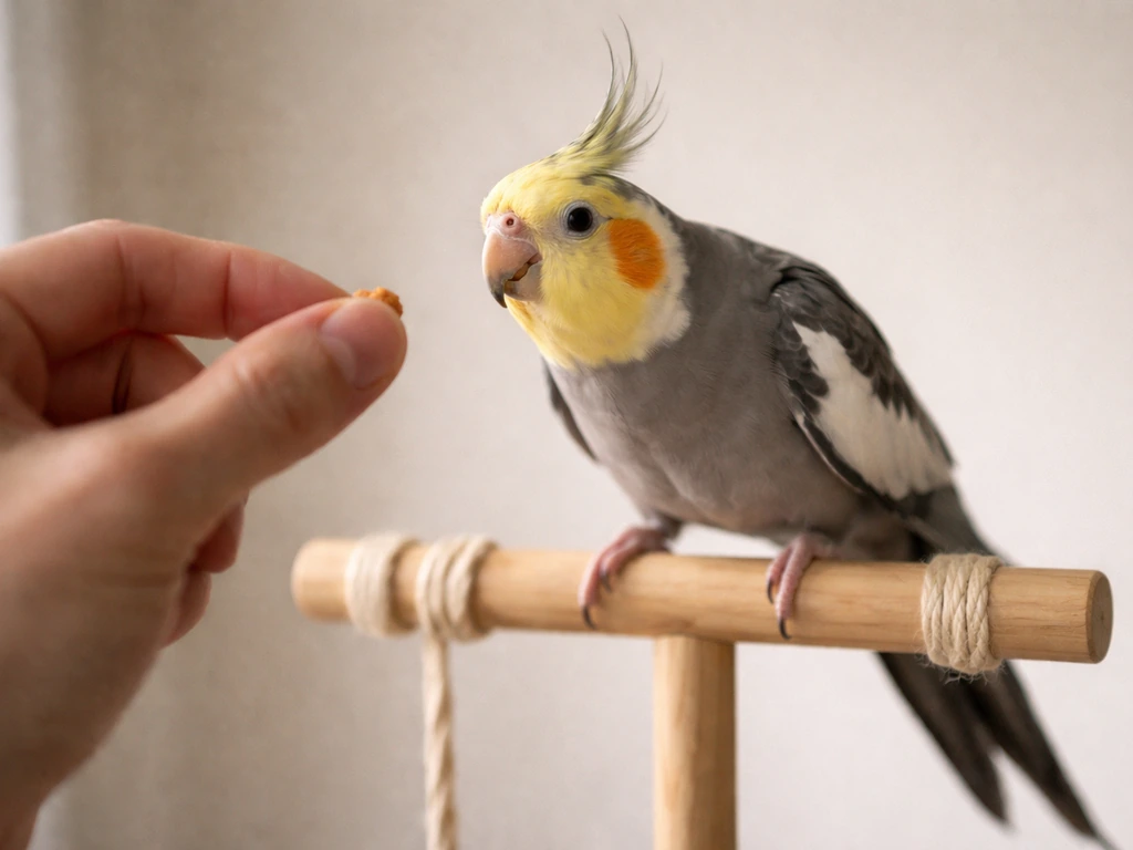 Small parrot perched as a hand offers a treat during a quiet name-response training moment