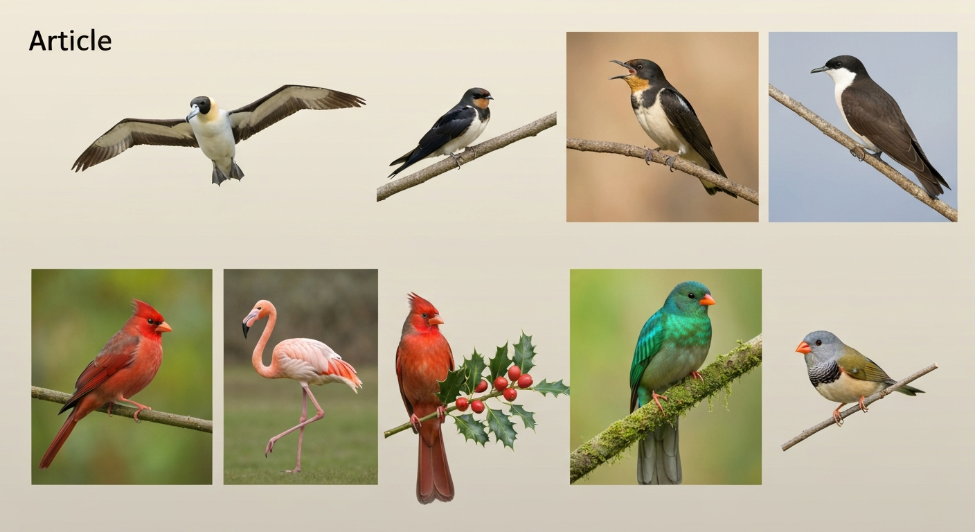 Collage of iconic birds (albatross, barn swallow, cuckoo, flamingo, northern cardinal, quetzal, zebra finch) arranged for an A–Z bird-name guide.