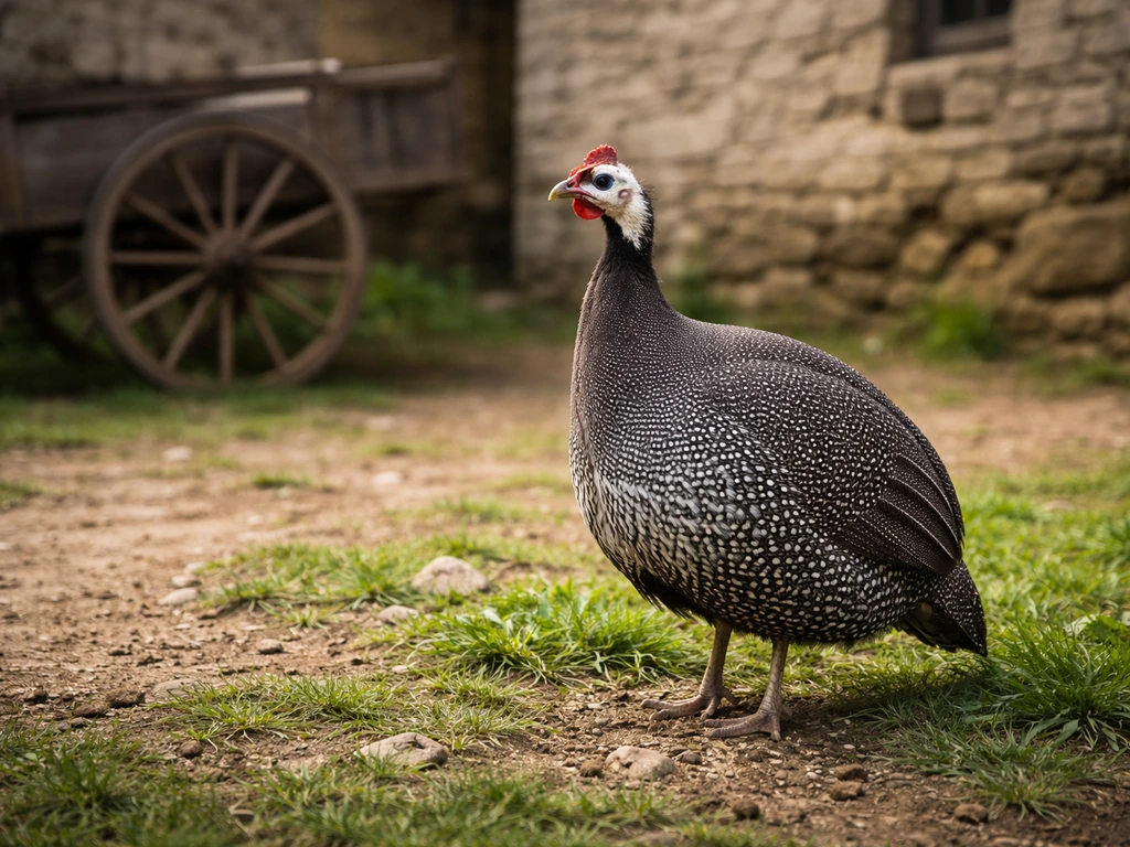 Guinea fowl in a rustic European yard beside a weathered wooden cart, natural-history feel