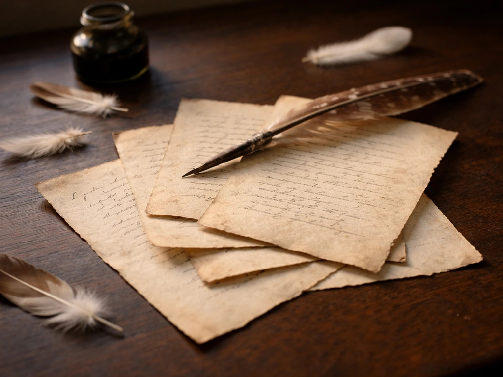 A minimal desk scene with aged parchment slips and a quill, suggesting gradual change in old bird-name usage.
