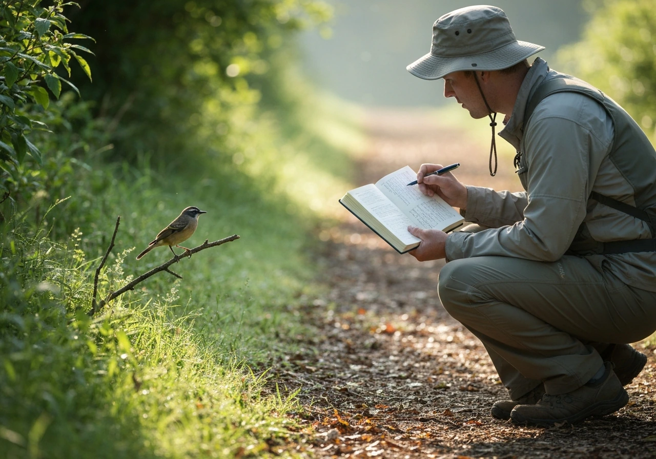 A birder in nature holds a field guide while observing a small wild bird