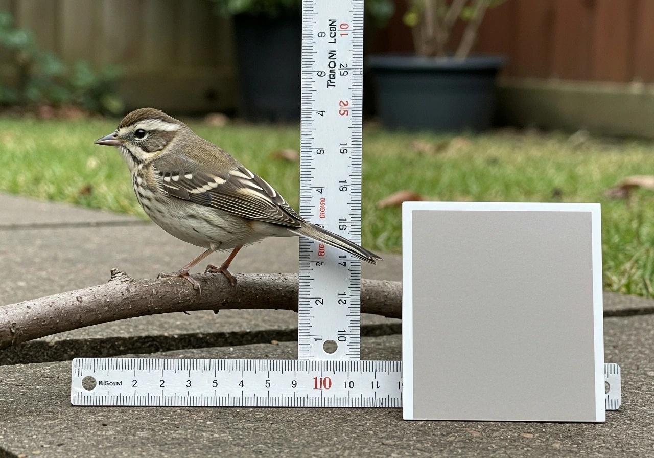 Small bird perched with a ruler beside it for size and feather-pattern comparison in a backyard garden.