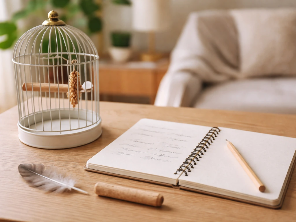 Minimal tabletop scene with an open notebook and small bird cage, implying pet-bird name ideas.