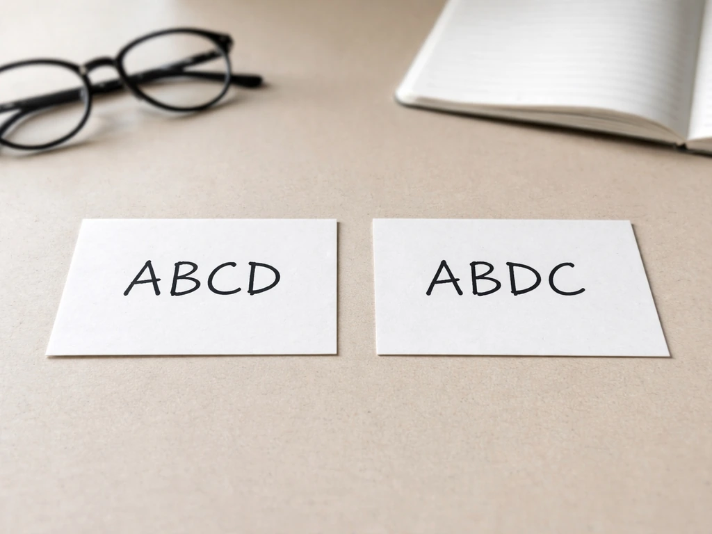 Two similar-looking cards side by side showing correct vs mistaken alpha codes, minimal desk scene