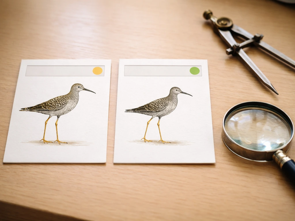 Close-up desk scene comparing two similar bird guide cards with a magnifying glass for careful double-checking.